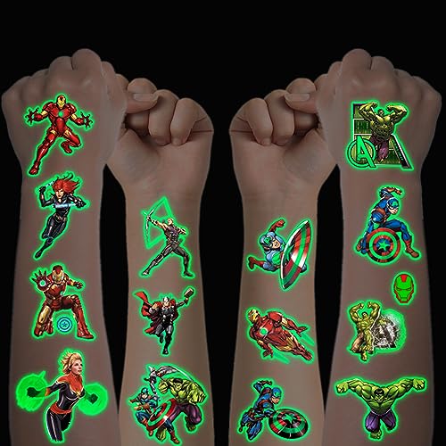 Tattoo Kinder, 12 Blätter Leuchtendes Marvel Avengers Temporäre Tattoo Set für Jungen Mädchen Kindertattoos Wasserdicht für Geburtstagsgeschenke Kindergeburtstag Mitgebsel Festival Party Deko von Hxleucry