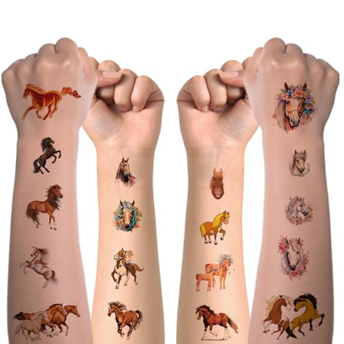 Tattoo Kinder, 8 Blätter Pferde Temporäre Tattoo Aufkleber Set für Mädchen Jungen Kindertattoos Wasserdicht für Geburtstagsgeschenke Kindergeburtstag Mitgebsel Festival Party Deko von Hxleucry