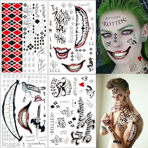 4 Blätter Halloween Clown Temporäre Tattoo, Joker Harley Quinn Tattoo Cosplay Aufkleber für Halloween Karneval Fasching Cosplay Gruselparty Gesicht Make UP Mottoparty Maskerade Kostüm Accessoires von Hxleucry