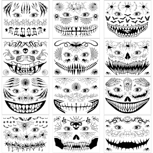 12 blatt Halloween Tattoo Gesicht, Spinne Spinnennetz Totenkopf Tattoo für Männer Damen Halloween Kostüm Accessoires Karneval Mottoparty Maskerade von Hxleucry