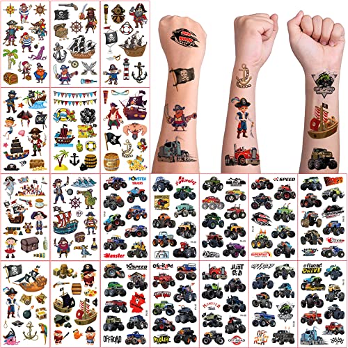 Tattoo Kinder, 20 Blätter Pirat LKW Wasserdichte Kindertattoos, Jungen Mädchen Aufkleber Kindertattoos Temporäre Tattoos Kindergeburtstag Mitgebsel Party Deko Spielspass Festival von Hxleucry