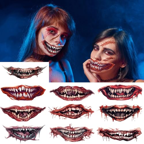 Halloween Mund Tattoo, 10 Blatt Skull Gesichtsaufkleber Wasserdichte Temporäre Tattoos, Schaurig Blutig Zombie Vampir Totenkopf Tattoo, Tag der Toten Halloween Karneval Kostüm Makeup Party Cosplay von Hxleucry