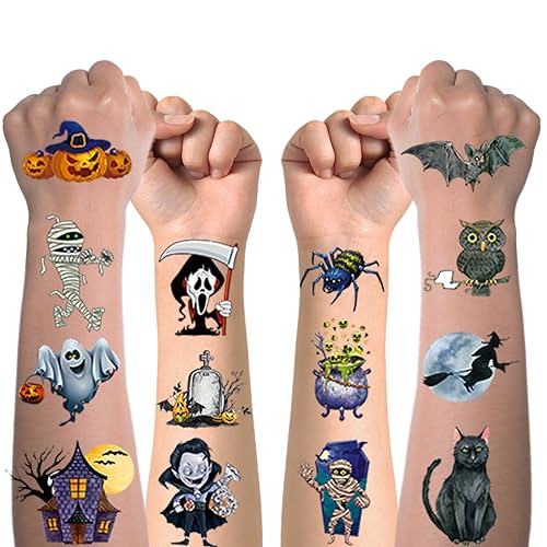 20 Blatt Halloween Tattoos Kinder, Halloween Kinder Temporary Tattoo Aufkleber für Jungen Mädchen, Kindergeburtstag Mitgebsel Spiele Spielzeug Halloween Deko Make-up Party Cosplay Kostüme Zubehör von Hxleucry