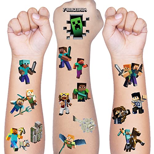 Tattoo Kinder, 8 Blätter Minecraft Temporäre Tattoo Aufkleber Set für Mädchen Jungen Kindertattoos Wasserdicht für Geburtstagsgeschenke Kindergeburtstag Mitgebsel Festival Party Deko von Hxleucry