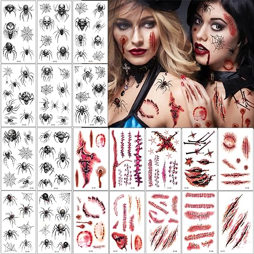 20 Blatt Halloween Tattoo,Schwarz Spinne Tattoo und Narben Wunden Schorf Blut Tattoo,Schaurig Blutige Zombie Vampir Tattoo für Cosplay Karneval Party Dekoration Kinder Erwachsener Makeup von Hxleucry