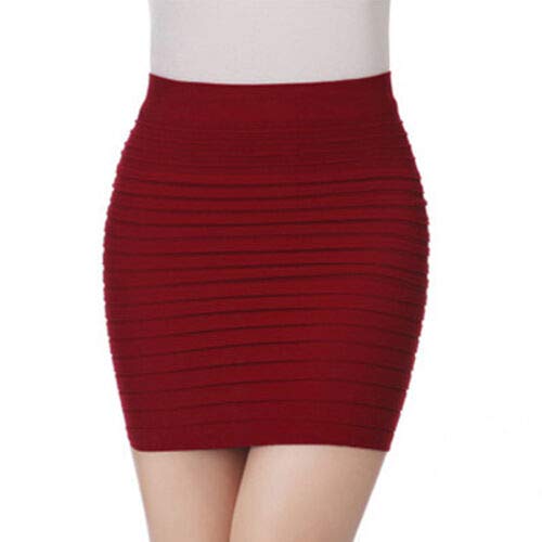 HxmeStore Damen Faltenrock nahtlos Stretch eng figurbetont Minirock kurz Bleistift Gr. Einheitsgröße, dunkelrot von HxmeStore