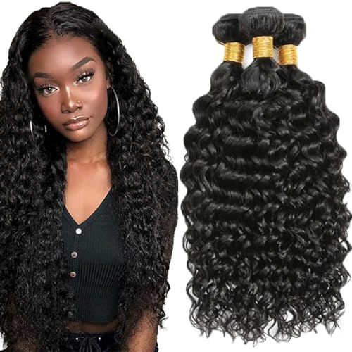 Hxxcoup 24 26 28 Zoll Echthaar Tressen Human Hair Bundles Water Wave Hair Extension Double Weft 1B Natural Black Unprocessed Brazilian Virgin Hair Minimal Tangle for Woman 3 Bundle Total 300g von Hxxcoup