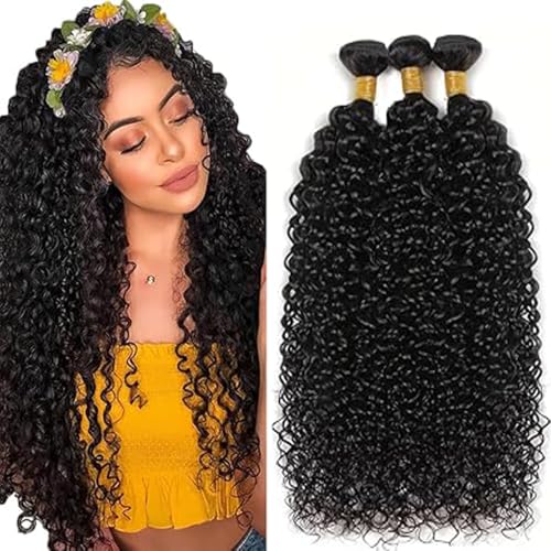Hxxcoup 26 28 30 Inch Echthaar Tressen Human Hair Bundles Kinky Curly Hair Extension Double Weft 1B Natural Black Unprocessed Brazilian Virgin Hair Minimal Tangle for Woman 3 Bundle Total 300g von Hxxcoup