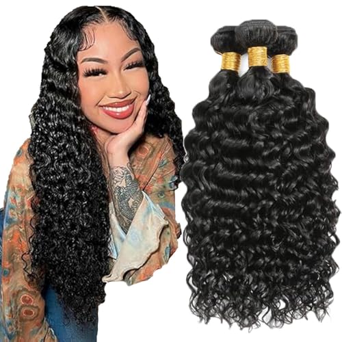 Hxxcoup 26 28 30 Inch Echthaar Tressen Human Hair Bundles Water Wave Hair Extension Double Weft 1B Natural Black Unprocessed Brazilian Virgin Hair Minimal Tangle for Woman 3 Bundle Total 300g von Hxxcoup
