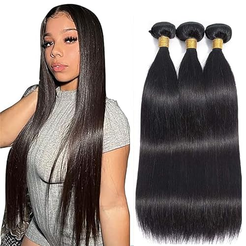 Hxxcoup 30 32 34 Inch Echthaar Tressen Human Hair Bundles Straight Hair Extension Double Weft 1B Natural Black Unprocessed Brazilian Virgin Hair Minimal Tangle for Woman 3 Bundle Total 300g von Hxxcoup