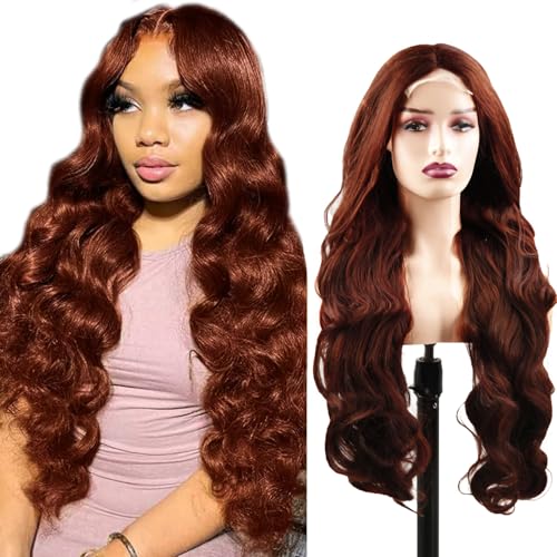 Hxxcoup 4x1 Lace Wig Body Wave Wig Reddish Brown Echthaar Perücke Frauen Grade 8A 150% Density #33 Colour T Part Wig Lace Front Perücke Menschenhaar Perücke Human Hair Wig for Woman 28 Zoll von Hxxcoup