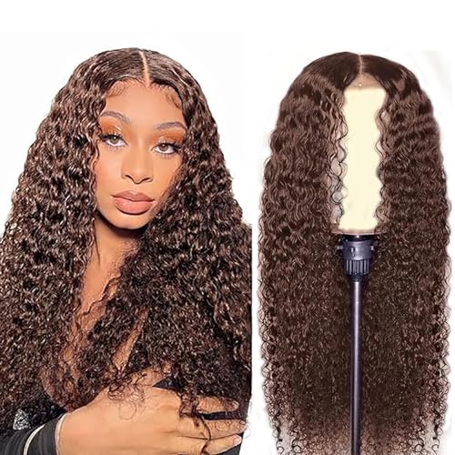 Hxxcoup 4x1 Lace Wig Human Hair Wig Curly Wave Wig Brown Echthaar Perücke Frauen Grade 8A 150% Density Ombre Colour T Part Wig Lace Front Perücke Menschenhaar Perücke Chocolate Brown 28 Zoll von Hxxcoup