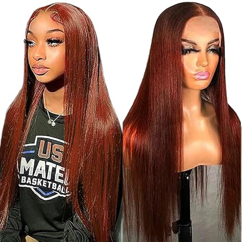 Hxxcoup 4x1 Lace Wig Straight Wig Reddish Brown Echthaar Perücke Frauen Grade 8A 150% Density #33 Colour T Part Wig Lace Front Perücke Menschenhaar Perücke Human Hair Wig for Woman 28 Zoll von Hxxcoup