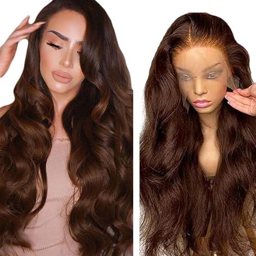 Hxxcoup Body Wave Human Hair Wig #4 Chocolate Brown 13x4 Lace Front Echthaar Perücke Perücke Damen Glueless Wear and Go Blenched Knots with Baby Hair for Woman Minimal Smell 28 Zoll von Hxxcoup