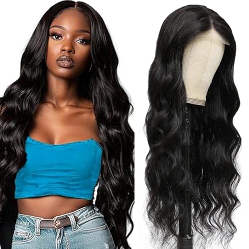 Hxxcoup Body Wave Human Hair Wig Natural Black 5x5 Lace Front Echthaar Perücke Schwarz Perücke Damen Glueless Wear and Go Blenched Knots with Baby Hair for Woman No Smell 32 Zoll von Hxxcoup