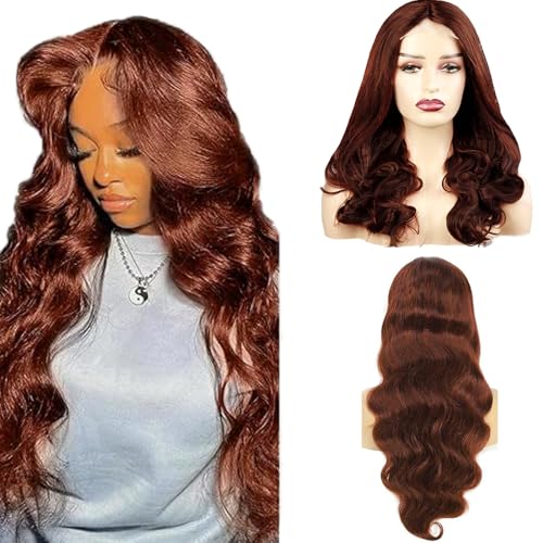 Hxxcoup Body Wave Wig Echthaar Lace Wig Braun Human Hair Wig Reddish 4x1 Lace Front Wig Echthaar Perücke Dunkelbraun Perücke Damen Perücke Welliges Haar Farbe Lange Perücken for Woman 32 Zoll von Hxxcoup