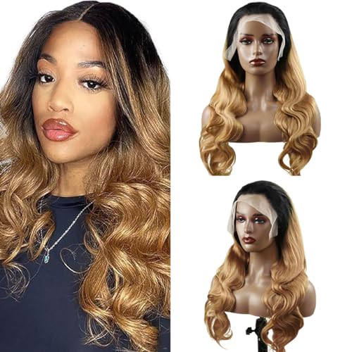 Hxxcoup Body Wave Wig Human Hair Wig 13x4 Lace Front Wig Echthaar Perücke Blonde Perücke Damen Pre Plucked Bleached Knots with Baby Hair Natural Color Human Hair Wig for Black Woman 24 Zoll von Hxxcoup