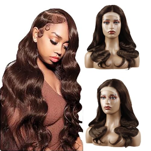 Hxxcoup Body Wave Wig Human Hair Wig Brown 4x1 Lace Front Wig Echthaar Perücke Dunkelbraun Perücke Damen Perücke Welliges Haar Farbe Lange Perücken Human Hair Wig for Woman 32 Zoll von Hxxcoup