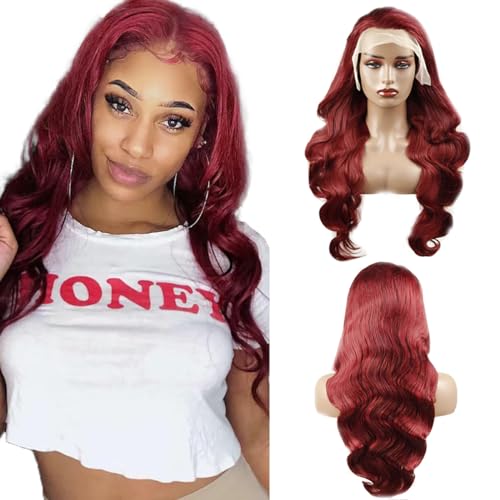 Hxxcoup Body Wave Wig Human Hair Wig Burgundy Wig 13x1 Lace Front Wig Echthaar Perücke Rote Perücke Damen 24 Inch 99j Red Human Hair Wig Rote Lace Front Perücke for Woman 24 Zoll von Hxxcoup