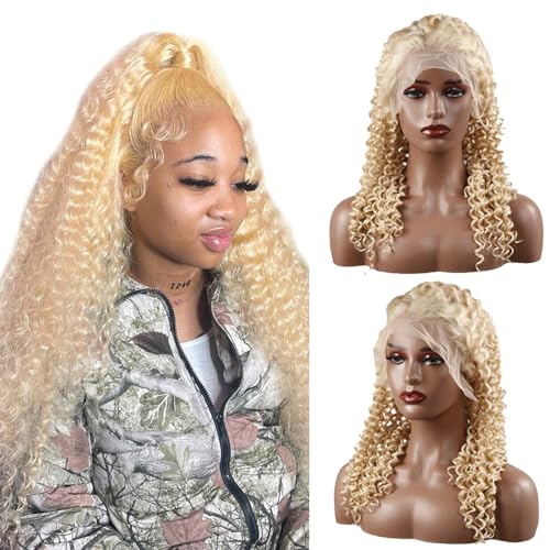 Hxxcoup Curly Wig Human Hair Wig Blonde Lace Wig Human Hair 13x4 Lace Front Wig Echthaar Perücke Blonde Perücke Damen 26 Inch 613 Glueless Perücke Blond Human Hair Wig for Black Woman 26 Zoll von Hxxcoup