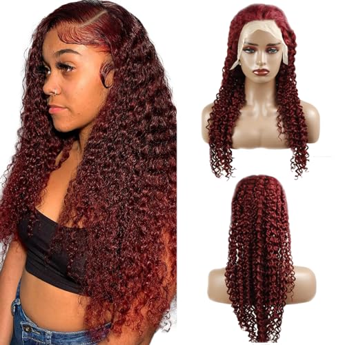 Hxxcoup Curly Wig Human Hair Wig Burgundy Wig 13x1 Lace Front Wig Rote Echthaar Perücke Rote Perücke Damen 24 Inch 99j Red Human Hair Wig Rote Lace Front Perücke for Woman 24 Zoll von Hxxcoup