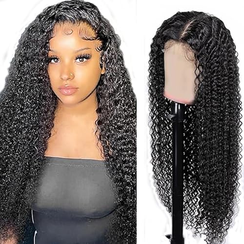 Hxxcoup Curly Wig Human Hair Wig Natural Black 5x5 Lace Front Wig Echthaar Perücke Schwarz Perücke Damen 24 Inch Glueless Wig Real Hair Wig with Baby Hair Human Hair Wig for Black Woman 24 Zoll von Hxxcoup