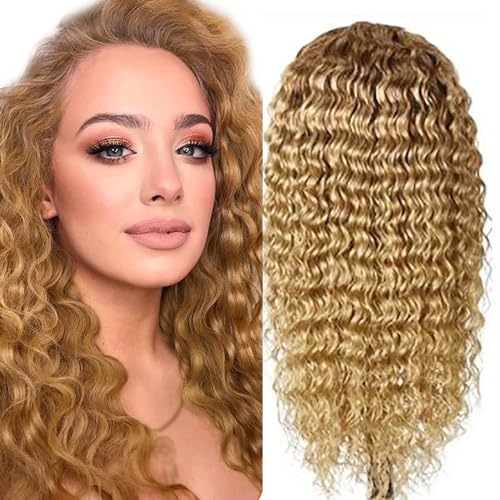 Hxxcoup Deep Wave Wig Human Hair Wig 13x4 Lace Front Wig Echthaar Perücke Blonde Perücke Damen Pre Plucked Bleached Knots with Baby Hair #27 Color Human Hair Wig for Black Woman 24 Zoll von Hxxcoup