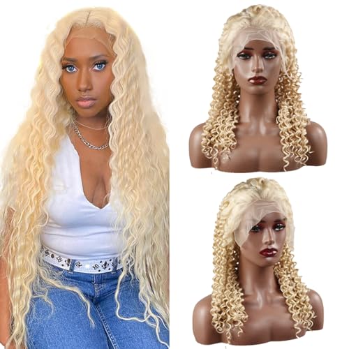 Hxxcoup Deep Wave Wig Human Hair Wig Blonde Lace Wig Human Hair 13x4 Lace Front Wig Echthaar Perücke Blonde Perücke Damen 26 Inch 613 Perücke Blond Human Hair Wig for Black Woman 26 Zoll von Hxxcoup