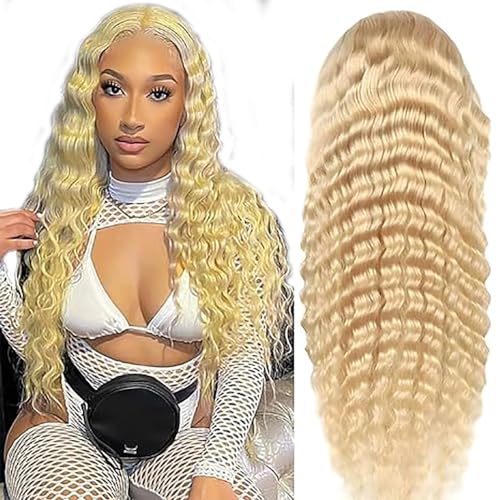 Hxxcoup Deep Wave Wig Human Hair Wig Blonde Lace Wig Human Hair 4x1 Lace Front Wig Echthaar Perücke Blonde Perücke Damen 26 Inch 613 Perücke Blond Human Hair Wig for Black Woman 26 Zoll von Hxxcoup