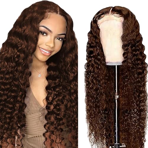 Hxxcoup Deep Wave Wig Human Hair Wig Brown Wig 4x1 Lace Front Wig Echthaar Perücke Dunkelbraun Perücke Damen Perücke Welliges Haar Farbe Lange Perücken Human Hair Wig for Woman 32 Zoll von Hxxcoup