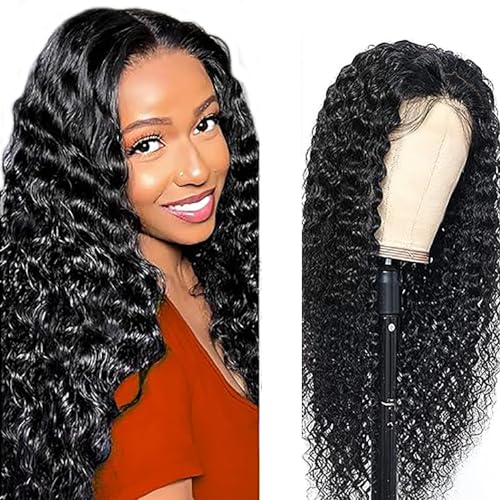 Hxxcoup Deep Wave Wig Human Hair Wig Natural Black 5x5 Lace Front Wig Echthaar Perücke Schwarz Perücke Damen 24 Inch Glueless Wig with Baby Hair Human Hair Wig for Black Woman 24 Zoll von Hxxcoup