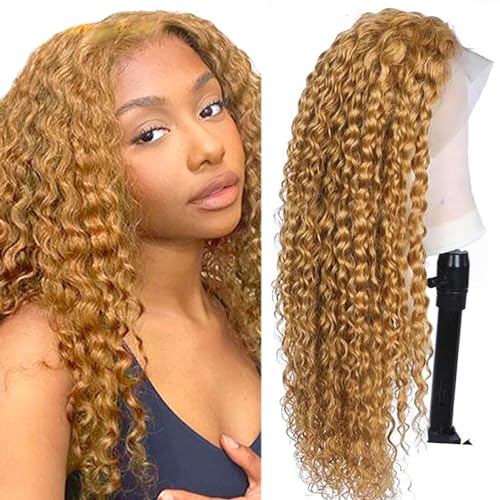 Hxxcoup Echthaar Perücke für Damen Perücken Blonde Glueless Wig 13x4 Lace Front Wig Human Hair Wig #27 Light Blonde Wig 100% Density Brazilian Remy Hair Wig with Baby Hair for Woman 22 Zoll von Hxxcoup