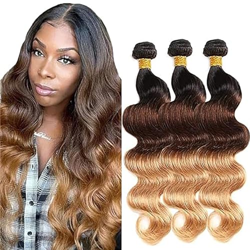 Hxxcoup Echthaar Tressen Human Hair Bundles Blonde Human Hair Extensions Body Wave Bundles 1B/4/27 Ombre Color Human Hair 100g/pc 100% Brazilian Remy Hair for Woman 28 30 32 Zoll von Hxxcoup