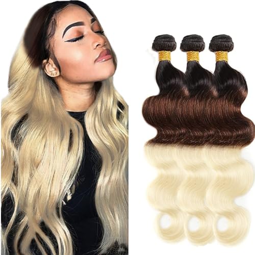 Hxxcoup Echthaar Tressen Human Hair Bundles Blonde Human Hair Extensions Body Wave Bundles 1B/4/613 Ombre Color Human Hair 100g/pc 100% Brazilian Remy Hair for Woman 28 30 32 Zoll von Hxxcoup