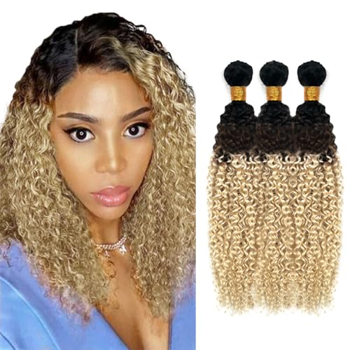 Hxxcoup Echthaar Tressen Human Hair Bundles Blonde Human Hair Extensions Curly Wave Bundles 1B/4/613 Ombre Color Human Hair 100g/pc 100% Brazilian Remy Hair for Woman 28 30 32 Zoll von Hxxcoup