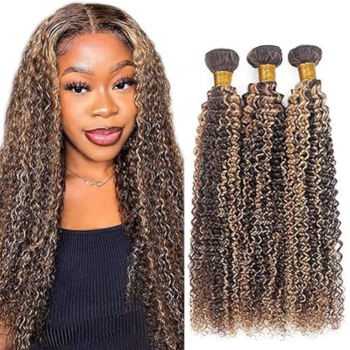 Hxxcoup Echthaar Tressen Human Hair Bundles Blonde Human Hair Extensions Curly Wave Bundles Highlight Color Human Hair 100g/pc 100% Brazilian Remy Hair for Woman 26 28 30 Zoll von Hxxcoup