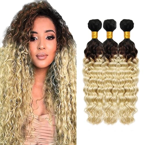 Hxxcoup Echthaar Tressen Human Hair Bundles Blonde Human Hair Extensions Deep Wave Bundles 1B/4/613 Ombre Color Human Hair 100g/pc 100% Brazilian Remy Hair for Woman 28 30 32 Zoll von Hxxcoup