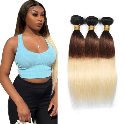 Hxxcoup Echthaar Tressen Human Hair Bundles Blonde Human Hair Extensions Straight Bundles 1B/4/613 Ombre Color Human Hair 100g/pc 100% Brazilian Remy Hair for Woman 28 30 32 Zoll von Hxxcoup