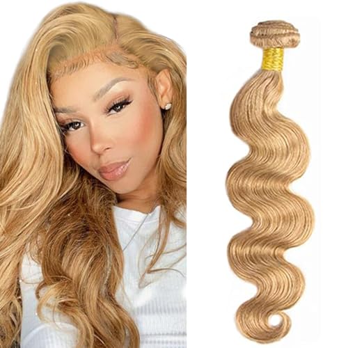 Hxxcoup Echthaar Tressen Human Hair Bundles Body Wave Hair Extension Double Weft Weave #27 Honey Blonde Unprocessed Brazilian Virgin Hair Minimal Tangle for Woman 100g/pc 12 Zoll von Hxxcoup
