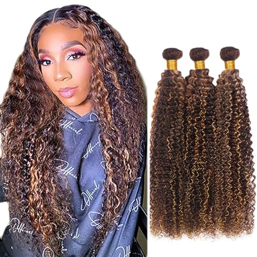 Hxxcoup Echthaar Tressen Human Hair Bundles Brown Human Hair Extensions Curly Wave Bundles Highlight Color Human Hair 100g/pc 100% Brazilian Remy Hair for Woman 26 28 30 Zoll von Hxxcoup