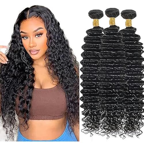 Hxxcoup Echthaar Tressen Human Hair Bundles Deep Wave Hair Extension Double Weft 1B Natural Black Unprocessed Brazilian Virgin Hair Minimal Tangle for Woman 3 Bundle Total 300g 14 16 18 Inch von Hxxcoup