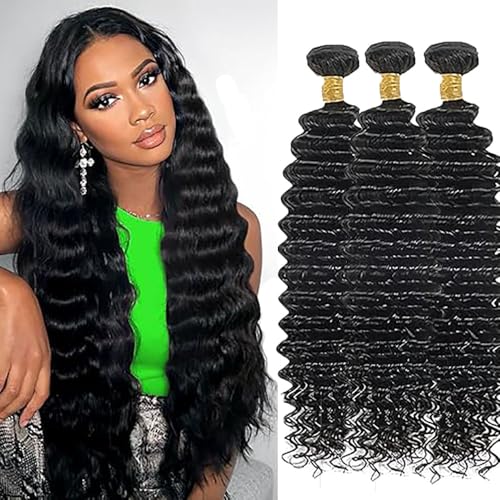 Hxxcoup Echthaar Tressen Human Hair Bundles Deep Wave Hair Extension Double Weft 1B Natural Black Unprocessed Brazilian Virgin Hair Minimal Tangle for Woman 3 Bundle Total 300g 16 18 20 Zoll von Hxxcoup