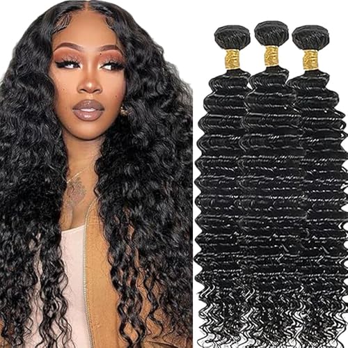 Hxxcoup Echthaar Tressen Human Hair Bundles Deep Wave Hair Extension Double Weft 1B Natural Black Unprocessed Brazilian Virgin Hair Minimal Tangle for Woman 3 Bundle Total 300g 18 20 22 Inch von Hxxcoup