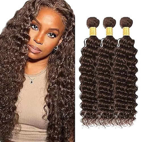 Hxxcoup Echthaar Tressen Human Hair Bundles Deep Wave Hair Extension Double Weft #4 Chocolate Brown Unprocessed Brazilian Virgin Hair Minimal Tangle for Woman 3 Bundle Total 300g 12 14 16 Zoll von Hxxcoup