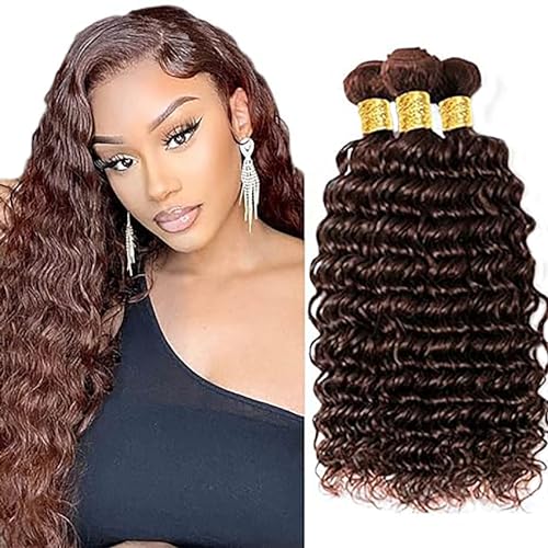 Hxxcoup Echthaar Tressen Human Hair Bundles Deep Wave Hair Extension Double Weft #4 Chocolate Brown Unprocessed Brazilian Virgin Hair Minimal Tangle for Woman 3 Bundle Total 300g 16 18 20 Zoll von Hxxcoup
