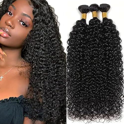 Hxxcoup Echthaar Tressen Human Hair Bundles Kinky Curly Hair Extension Double Weft 1B Natural Black Unprocessed Brazilian Virgin Hair Minimal Tangle for Woman 3 Bundle Total 300g 12 14 16 Zoll von Hxxcoup