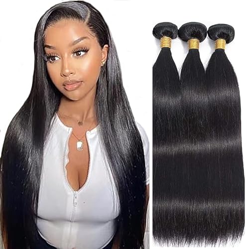 Hxxcoup Echthaar Tressen Human Hair Bundles Straight Hair Extension Double Weft 1B Natural Black Unprocessed Brazilian Virgin Hair Minimal Tangle for Woman 3 Bundle Total 300g 14 16 18 Inch von Hxxcoup