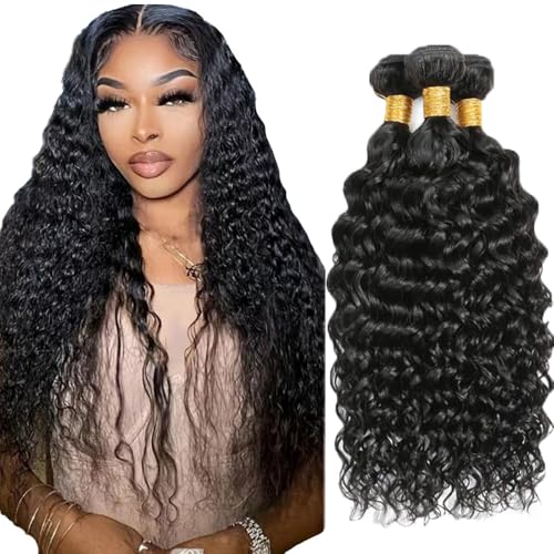 Hxxcoup Echthaar Tressen Human Hair Bundles Water Wave Hair Extension Double Weft 1B Natural Black Unprocessed Brazilian Virgin Hair Minimal Tangle for Woman 3 Bundle Total 300g 20 22 24 Zoll von Hxxcoup