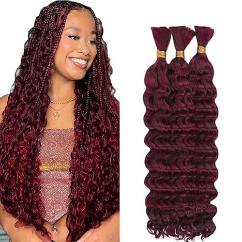 Hxxcoup Human Braiding Hair for Boho Braids Deep Wave Bulk Total 150g 3 Bundles 22 22 22 Inch Human Hair Extension Menschliches Haar Unprocessed No Weft #99J Burgundy for Women von Hxxcoup