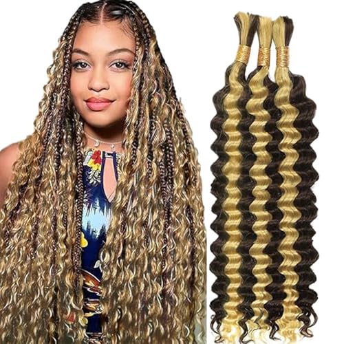 Hxxcoup Human Braiding Hair for Boho Braids Deep Wave Bulk Total 150g 3 Bundles 22 22 22 Inch Human Hair Extension Menschliches Haar Unprocessed No Weft P4/613 Highlight Blond for Women von Hxxcoup